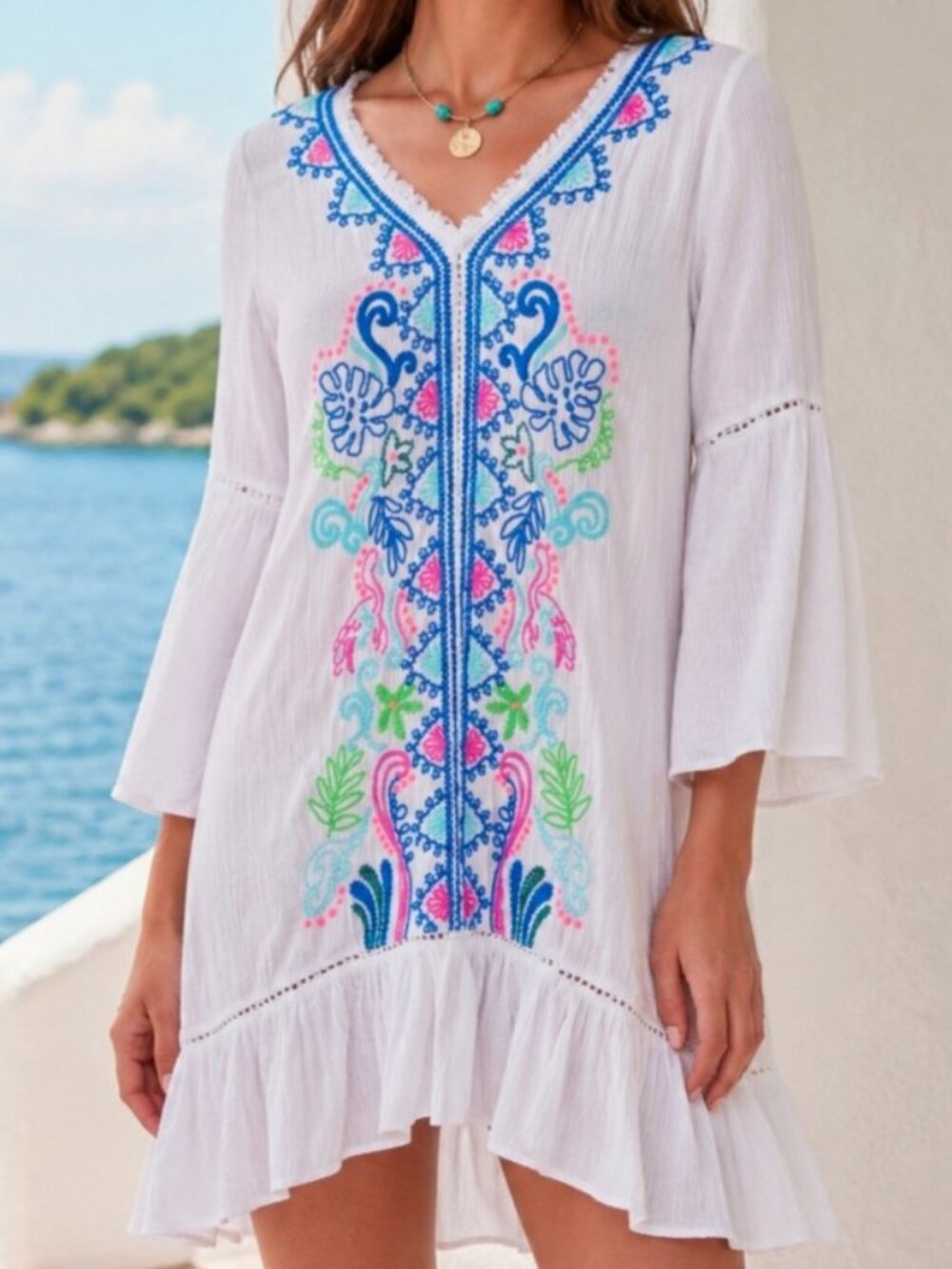 Lilly Pulitzer White Embroidered Swim CoverUp Dress V Neck Ruffle Beach Tunic XS